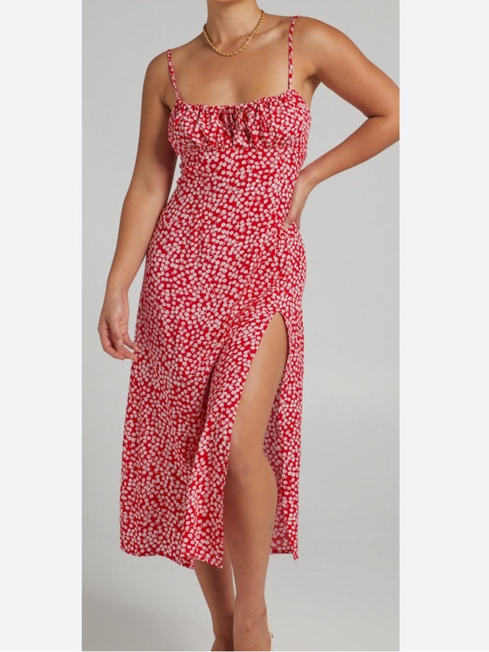 Zara Red Floral Midi Dress with Side Slit Medium